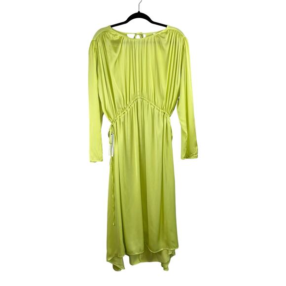 Topshop Lime Yellow Satin Ruched Long Sleeve Asymmetric Midi Dress 4/6 SM/MD NWT - Picture 1 of 14